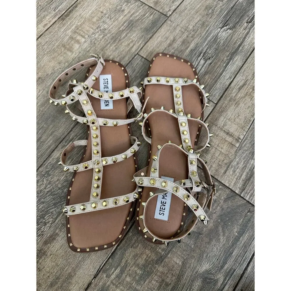 Steve Madden Women's Cream Sunnie Studded Gladiator Flat Sandals Size 8